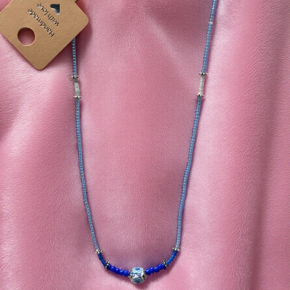 Handmade Blue Beaded Women’s Necklace with Silver Accents